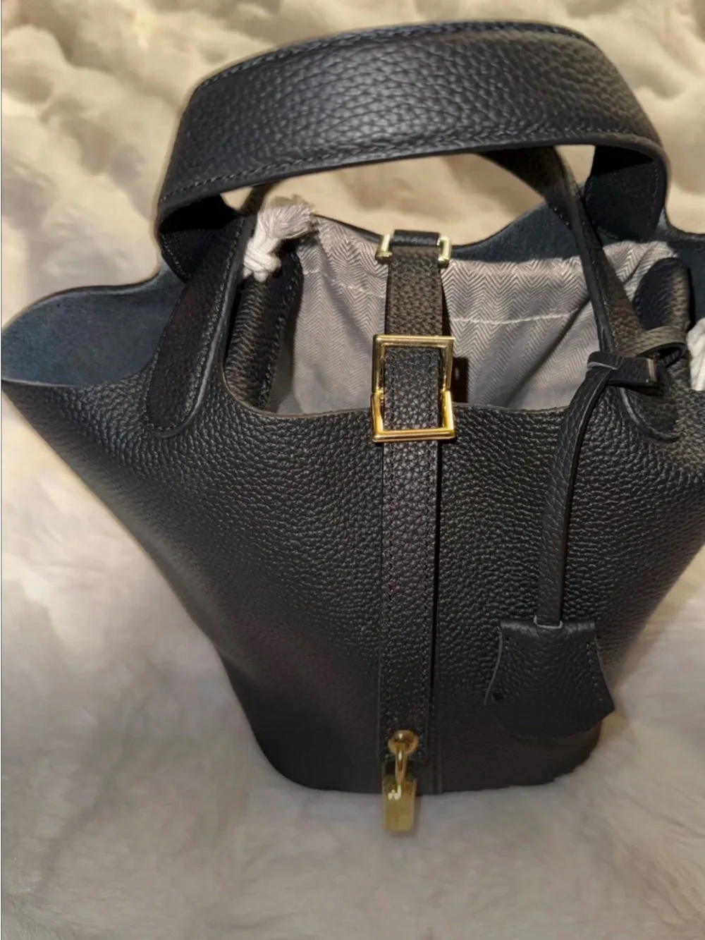 New Black Pebbled Leather Tote Bucket Bag with Gold Hardware